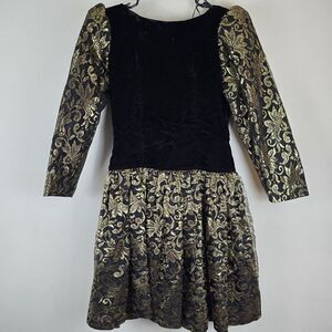 Expo Nite  Vtg‎ 80s Black Velvet  Black Gold Lace Party Prom Dress sz 10.B114
